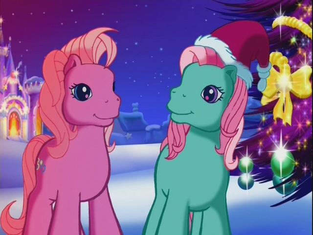 Size: 640x480 | Tagged: a very minty christmas, celebration castle, christmas, christmas tree, derpibooru import, g3, glow, hat, minty, pink, pinkie pie, safe, santa hat, tree, winter