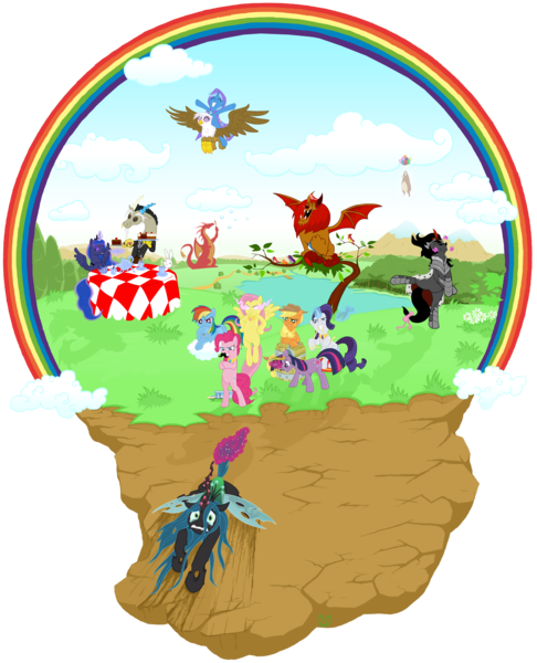 Size: 2250x2775 | Tagged: semi-grimdark, artist:gor1ck, derpibooru import, angel bunny, applejack, basil, constance, discord, fluttershy, gilda, harry, king sombra, manny roar, pinkie pie, princess luna, queen chrysalis, rainbow dash, rarity, trixie, twilight sparkle, alicorn, bear, bird, blue jay, butterfly, changeling, changeling queen, draconequus, dragon, earth pony, gryphon, manticore, pegasus, pony, rabbit, unicorn, animal, antagonist, balloon, bow, bubble, cake, crying, dragging, elements of harmony, ethereal mane, female, funny, image, kindness, magic, magic aura, male, mane six, mare, mind control, moustache, partial background, png, ponies riding griffons, rainbow, sequel, songbird, stallion, starry mane, tail, tail bow, tail pull, telekinesis, unicorn twilight