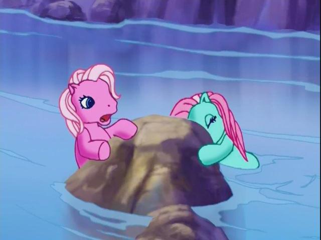 Size: 640x480 | Tagged: danger, derpibooru import, g3, holding on, minty, pinkie pie, river, rock, safe, the runaway rainbow, waterfall