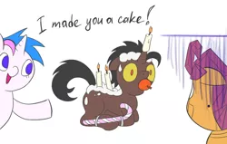 Size: 1280x813 | Tagged: artist:fantasyglow, cake, derpibooru import, frosting, oc, oc:fantasy glow, oc:loki, oc:loki ebonhoof, safe, scootabot, scootaloo