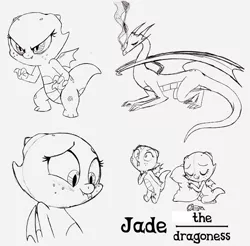 Size: 650x640 | Tagged: artist:queencold, baby dragon, derpibooru import, dragon, dragoness, dragon oc, gem, monochrome, oc, oc:jade, pillow, safe, sketch dump, unofficial characters only