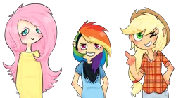 Size: 1000x560 | Tagged: applejack, artist:soullessteddybear, derpibooru import, fluttershy, humanized, rainbow dash, safe