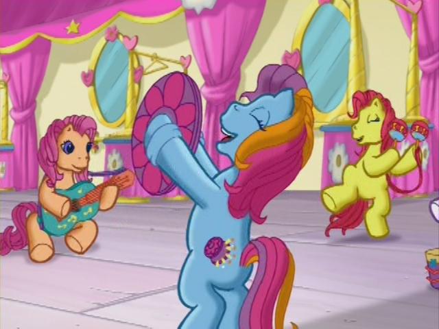 Size: 640x480 | Tagged: background pony, cymbals, derpibooru import, fiesta flair, g3, maracas, mish mash mee, musical instrument, pinkie pie and the ladybug jamboree, safe, sparkleworks, ukulele