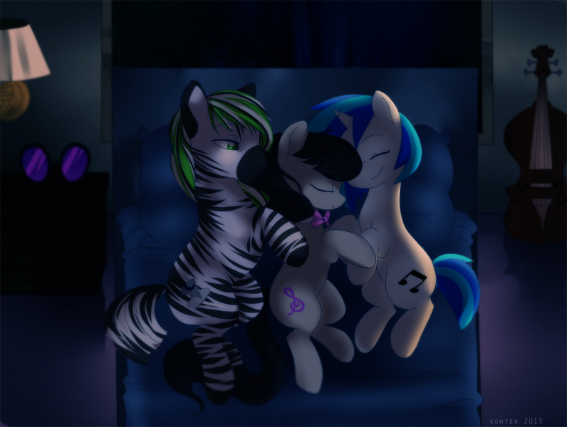 Size: 1252x944 | Tagged: safe, artist:si1vr, derpibooru import, octavia melody, vinyl scratch, oc, oc:jack hyperfreak, zebra, bed, canon x oc, hug, jacktavia, vinylfreak