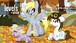 Size: 900x506 | Tagged: safe, artist:bronycurious, derpibooru import, derpy hooves, dinky hooves, oc, pegasus, pony, all levels at once, autumn, female, griffin village, leaves, mare
