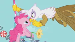 Size: 1280x720 | Tagged: safe, derpibooru import, screencap, gilda, pinkie pie, earth pony, gryphon, pony, griffon the brush off, bullying, flying contraption, helicopter, pinkiecopter, scared