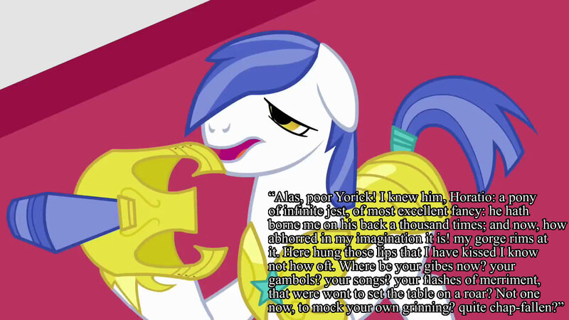 Size: 1280x720 | Tagged: safe, derpibooru import, edit, edited screencap, screencap, earth pony, pony, armor, captioned, hamlet, helmet, male, monologue, quote, royal guard, shakespeare, solo, speech, stallion