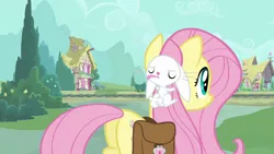 Size: 1280x720 | Tagged: safe, derpibooru import, screencap, angel bunny, fluttershy, just for sidekicks, angel is a bunny bastard, tongue out