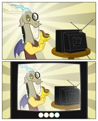 Size: 1050x1299 | Tagged: derpibooru import, discord, exploitable meme, monocle, pipe, recursion, safe, sunburst background, tv meme