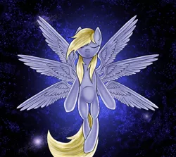 Size: 1364x1217 | Tagged: safe, artist:myhysteria, derpibooru import, derpy hooves, pegasus, pony, seraph, eyes closed, female, mare, multiple wings, six wings, solo, spread wings, the cosmos, wings