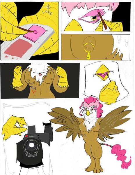 Size: 585x757 | Tagged: artist needed, grimdark, questionable, derpibooru import, gilda, gryphon, breasts, buffalo bill, eyeshadow, female, gildapie, implications, implied death, implied murder, lesbian, lipstick, makeup, nipple piercing, nipples, nudity, otherkin, piercing, sad, shipping, silence of the lambs, tattoo