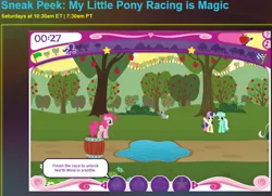 Size: 844x612 | Tagged: safe, derpibooru import, official, screencap, bon bon, lyra heartstrings, pinkie pie, sweetie drops, apple tree, barrel, game, hubworld, racing is magic, tree