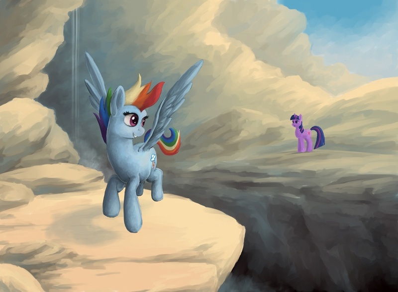 Size: 890x654 | Tagged: safe, artist:choedan-kal, derpibooru import, rainbow dash, twilight sparkle, pegasus, pony, unicorn, duo, female, flying, mare, ravine, unicorn twilight, waterfall