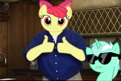 Size: 640x427 | Tagged: apple bloom, billy mays, derpibooru import, edit, filly mays, lyra heartstrings, safe, sunglasses, thumbs, thumbs up