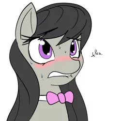 Size: 500x500 | Tagged: dead source, safe, artist:reiduran, derpibooru import, octavia melody, earth pony, pony, blushing, bow, bowtie, dialogue, female, lip bite, mare, simple background, solo, sweat, white background, yes