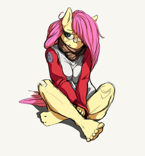 Size: 1280x1374 | Tagged: anthro, artist:zonkpunch, bandage, bandaid, barefoot, bottomless, clothes, derpibooru import, feet, fluttershy, frown, jacket, plantigrade anthro, safe, scarf, sitting, solo