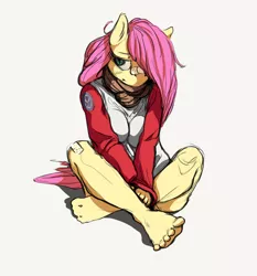 Size: 1280x1374 | Tagged: anthro, artist:zonkpunch, bandage, bandaid, barefoot, bottomless, clothes, derpibooru import, feet, fluttershy, frown, jacket, plantigrade anthro, safe, scarf, sitting, solo
