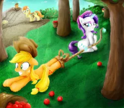 Size: 900x788 | Tagged: safe, artist:aquaticsun, derpibooru import, apple bloom, applejack, carrot top, golden harvest, rarity, female, lasso, lesbian, magic, rarijack, shipping