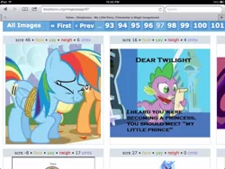 Size: 1024x768 | Tagged: safe, derpibooru import, edit, edited screencap, screencap, rainbow dash, dragon, friendship is magic, caption, exploitable meme, juxtaposition, juxtaposition win, letter, male, quill, spike's love letters, tongue out