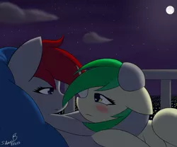Size: 1500x1250 | Tagged: safe, artist:silverfox057, derpibooru import, oc, unofficial characters only, pony, balcony, blushing, duo, female, floppy ears, full moon, hoof around neck, lesbian, lidded eyes, looking at each other, lying on top of someone, mare, moon, night, night sky, oc x oc, on back, shipping, signature, sky, starry night