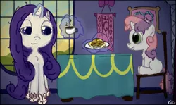 Size: 1238x737 | Tagged: artist:coco, breakfast, bunny slippers, clothes, coffee, cute, magic, pancakes, rarity, safe, sleepy, sunrise, sweetie belle