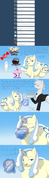 Size: 1500x5390 | Tagged: safe, artist:lesang, derpibooru import, cool beans, oc, oc:belle bottom, oc:silver platter, pony, unicorn, ask belle bottom, best buns bakery, butler, company logo, fat, filly, food, frozen flavors, hot chocolate, impossibly large butt, impossibly wide hips, logo, longbottom candies, magic, marshmallow, sweet treats incorporated