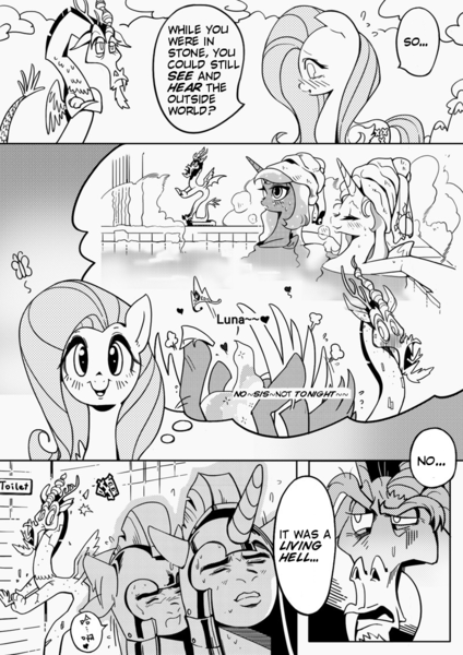 Size: 800x1132 | Tagged: artist:sung and ama, blushing, comic, cute, derpibooru import, discord, english, female, fluttershy, gay, hot springs, incest, japanese reading order, kuso miso technique, lesbian, male, manga, meme, monochrome, princess celestia, princess luna, princest, questionable, royal guard, shipping, shyabetes, smiling, thought bubble, translation, yaranaika