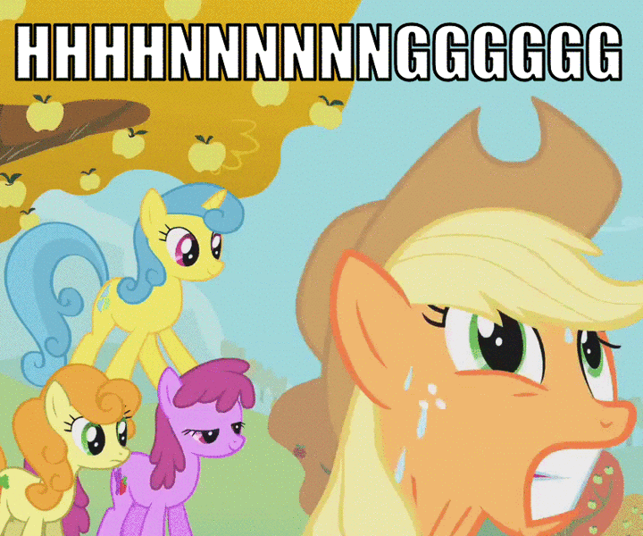 Size: 838x698 | Tagged: animated, applejack, background pony, berry punch, berryshine, carrot top, cherry berry, derpibooru import, edit, edited screencap, fall weather friends, golden harvest, gritted teeth, heart attack, hnnng, image macro, lemon hearts, rainbow dash, reaction image, safe, screencap, shoeshine, shrunken pupils, sweat, twinkleshine