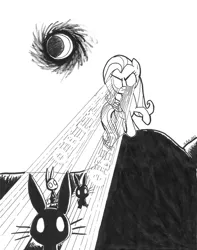 Size: 731x929 | Tagged: angel bunny, artist:abronyaccount, derpibooru import, eye beams, fluttershy, grayscale, lasershy, moon, rabbit, safe, the stare