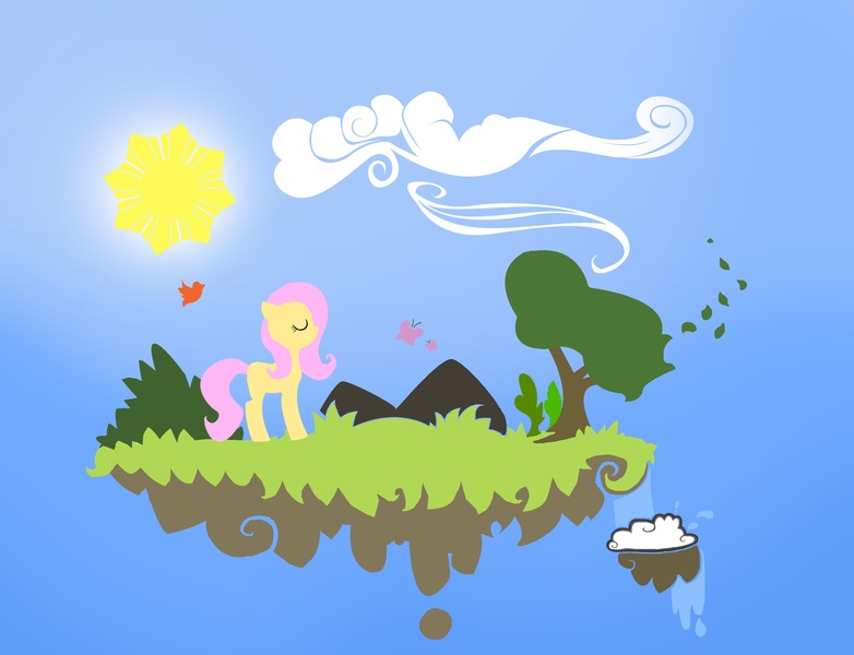 Size: 3324x2552 | Tagged: safe, artist:pi-rex, derpibooru import, fluttershy, bird, butterfly, cloud, eyes closed, floating island, leaves, sun, tree, water, wind