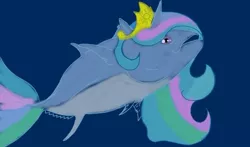 Size: 500x293 | Tagged: artist:alazak, blue background, derpibooru import, fish, fishified, not salmon, princess celestia, safe, simple background, species swap, tuna, wat