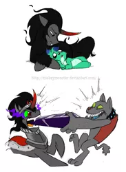 Size: 877x1200 | Tagged: artist:mickeymonster, crystal, dark crystal, derpibooru import, diamond dog, dragging, king sombra, mouth hold, prone, raised hoof, rover, safe, that pony sure does love crystals, tug of war