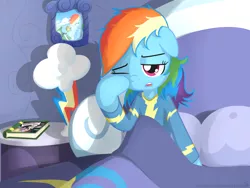 Size: 1024x768 | Tagged: safe, artist:frankier77, derpibooru import, daring do, rainbow dash, tank, pegasus, pony, turtle, bed, bed mane, blanket, book, bust, clothes, female, mare, morning ponies, pajamas, portrait, solo, wonderbolts uniform