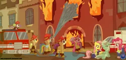 Size: 1280x614 | Tagged: applejack, artist:template93, derpibooru import, fire, firefighter, fluttershy, hose, injured, mane seven, mane six, pinkie pie, rainbow dash, rarity, safe, spike, truck, twilight sparkle