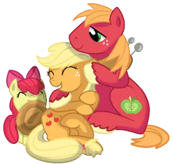 Size: 1010x957 | Tagged: safe, artist:pepooni, derpibooru import, apple bloom, applejack, big macintosh, earth pony, pony, accessory theft, apple siblings, male, siblings, stallion