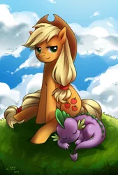 Size: 1150x1700 | Tagged: applejack, applespike, artist:katiramoon, derpibooru import, female, male, safe, shipping, sleeping, spike, straight