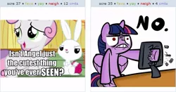 Size: 519x272 | Tagged: safe, derpibooru import, angel bunny, sweetie belle, twilight sparkle, twilight sparkle (alicorn), alicorn, pony, derpibooru, exploitable meme, female, juxtaposition, juxtaposition win, mare, meta