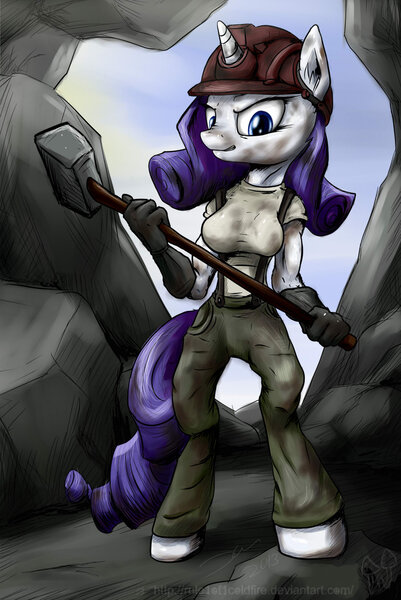 Size: 1024x1534 | Tagged: anthro, artist:rule1of1coldfire, clothes, derpibooru import, hammer, hat, miner, rarity, safe, solo, suspenders