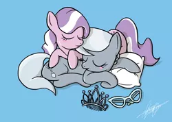 Size: 1024x731 | Tagged: safe, artist:roliet, derpibooru import, diamond tiara, silver spoon, earth pony, pony, blue background, blush sticker, blushing, butt touch, cuddling, cute, diamondbetes, eyes closed, female, filly, glasses, hoof on butt, lesbian, missing accessory, pillow, pony pile, prone, shipping, silverbetes, silvertiara, simple background, smiling
