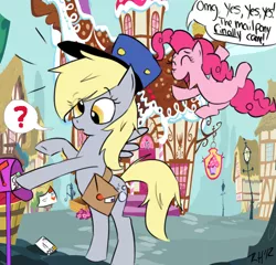 Size: 600x575 | Tagged: safe, artist:8-blit-poni, derpibooru import, derpy hooves, pinkie pie, pegasus, pony, female, happy, mail, mailbox, mailpony, mare