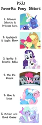 Size: 480x1414 | Tagged: aloe, apple bloom, applejack, cloudchaser, derpibooru import, flitter, hug, limestone pie, lotus blossom, marble pie, pie sisters, pinkie pie, poll, princess celestia, princess luna, rarity, safe, sisters, spa twins, sweetie belle