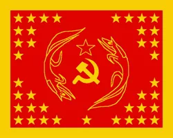 Size: 750x600 | Tagged: safe, artist:tkangaru, derpibooru import, pony, unicorn, banner, communism, equestrian flag, hammer and sickle