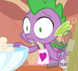 Size: 819x754 | Tagged: apron, bowl, clothes, derpibooru import, dragon, faic, hub logo, just for sidekicks, naked apron, reaction image, safe, screencap, shocked, solo, spike, why