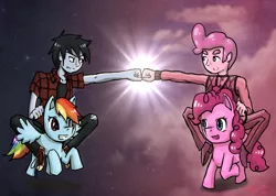 Size: 1310x931 | Tagged: safe, artist:midoriflygon, derpibooru import, pinkie pie, rainbow dash, adventure time, crossover, hoofbump, marshall lee, prince gumball, rule 63