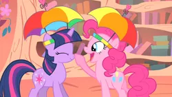 Size: 1280x720 | Tagged: boop, cute, derpibooru import, eyes closed, feeling pinkie keen, hat, honk, open mouth, pinkie pie, safe, screencap, smiling, twilight sparkle, umbrella hat