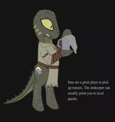 Size: 850x900 | Tagged: safe, artist:glue123, derpibooru import, ponified, argonian, lizard pony, pony, bipedal, black background, clothes, dexterous hooves, human pose, loading screen, loading screen message, simple background, skyrim, solo, tankard, the elder scrolls, washcloth