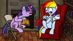 Size: 1024x576 | Tagged: a beautiful day in equestria, chair, derpibooru import, rainbow dash, rainbow dash presents, safe, twilight sparkle