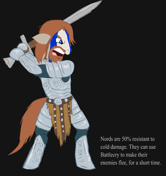 Size: 850x900 | Tagged: safe, artist:glue123, derpibooru import, ponified, earth pony, pony, armor, beard, bipedal, black background, dexterous hooves, facial hair, hoof hold, human pose, male, nord, simple background, skyrim, solo, stallion, sword, the elder scrolls, weapon