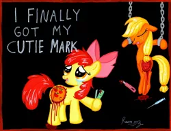 Size: 1396x1074 | Tagged: apple bloom, applejack, artist:rammzblood, betrayal, blood, crying, cutie mark, death, derpibooru import, grimdark, knife, murder