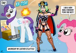 Size: 1024x724 | Tagged: suggestive, artist:curtsibling, derpibooru import, pinkie pie, rarity, oc, oc:pegaslut, earth pony, pony, unicorn, bondage, breasts, plot, riding crop, spanked, whipping